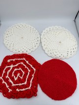 Vtg Pot Holders Hand Crocheted Potholder Hot Pads - Red White Lot Of 4 - $9.74