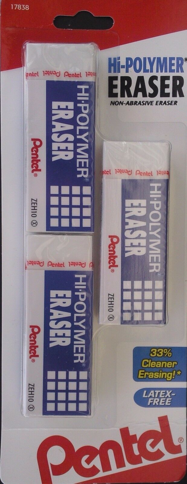 PENTEL HI-POLYMER ERASERS 3 Pack Large Size Eraser LATEX FREE - $2.96
