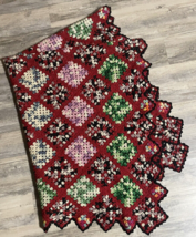 Vtg Granny Square Afghan Blanket Throw Boho MCM Cabin Long Scalloped 65”x51&quot; - £20.84 GBP