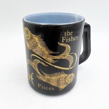 Vintage Fire King Coffee Mug Black Gold Pisces Zodiac Horoscope Birthday - £10.38 GBP