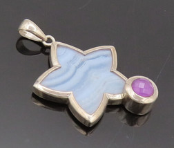 WHITNEY KELLY 925 Silver -Vintage Blue Lace Agate Amethyst Star Pendant- PT22274 - £54.97 GBP