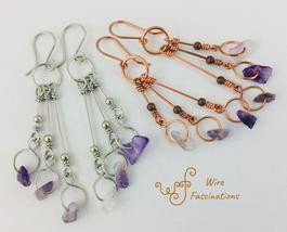 Handmade amethyst earrings: long copper/stainless dangles small hoops am... - £27.36 GBP