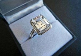 Halo Engagement Ring 3.00Ct Emerald Cut Simulated Diamond 14k White Gold Size 8 - £215.63 GBP