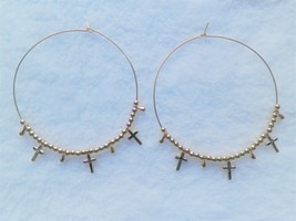 2 1/4&quot; Gold Cross Charm Beaded Hoop Pierced Earrings Forever 21 NWT - £7.02 GBP