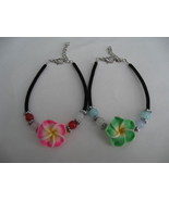 Mele Velvet Cord Bracelet Fimo Clay Plumeria Set Green &amp; Dark  Pink - £8.76 GBP