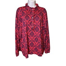 Lands End Womens Red Blouse Modest Ruffle Collar Plus Size 3X Red Blue c - $28.99