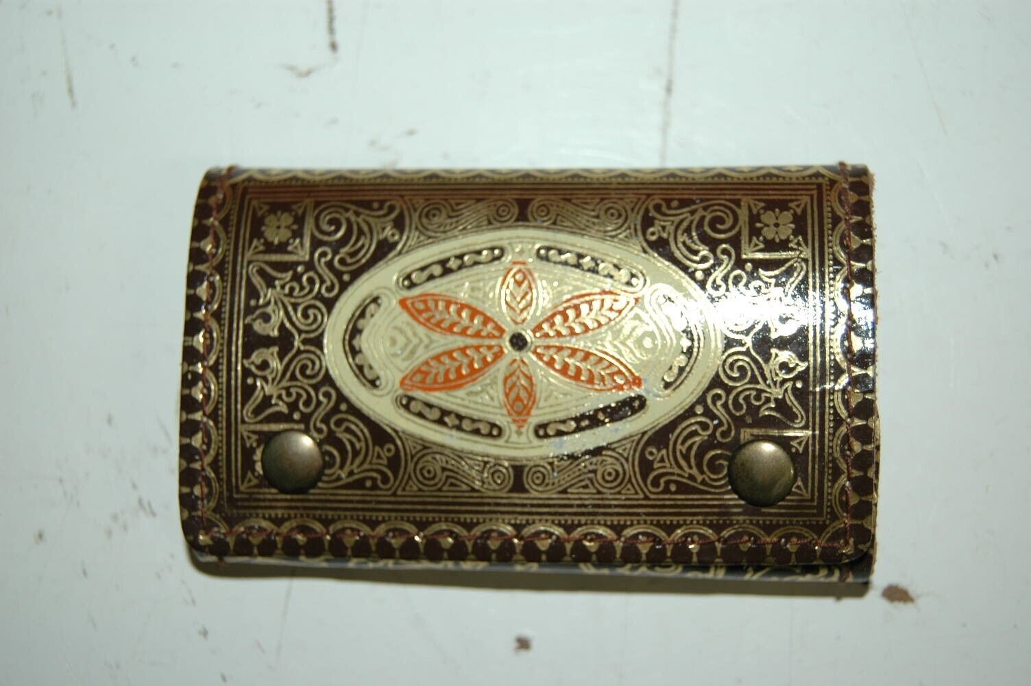 Primary image for Leather Floral Design Brown Gold Accent Key Holder Pocket Pouch Italy Made