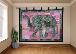 Vintage Large Curtain Elephant Wall Hanging Cotton Embroidery Patchwork ... - $197.01