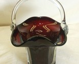 Romania Dark Ruby Red Studio Art Glass Basket Applied Clear Handle - $39.59