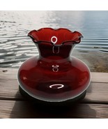 Vintage Dark Red Hand Blown Glass Small Vase With Wavy Rim 3 Inches Tall - $241.39 MXN