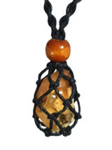 Citrine Net Pendant Necklace Crystal Natural Gemstone Black Cord Wooden Beads  - £5.81 GBP