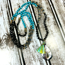 Turquoise Crystal Beaded Cross Necklace Gold Tone Accents Hand Knotted Tassel - £23.96 GBP