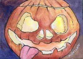 ACEO Original Painting Rude Jack O&#39;Lantern pumpkin cartoon Halloween tongue - £12.78 GBP