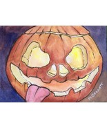 ACEO Original Painting Rude Jack O'Lantern pumpkin cartoon Halloween tongue - £12.50 GBP