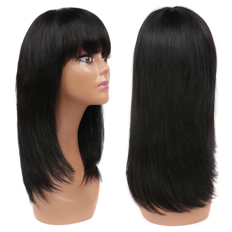 Straight Human Hair Wigs With Bangs Remy Brazilian Cute Bob Cut Human Hair W - £43.94 GBP
