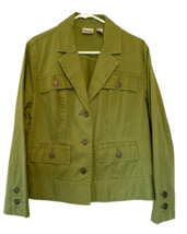 Chico&#39;s Denim Jacket Military Green Crop/Short Brown Buttons USA Size 10 - $13.65