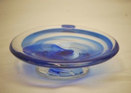 Vintage Hand Made Kreativ Blue Art Glass Round Footed Dish by Rogaska Sl... - $19.79