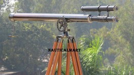 Black Antique Double Barrel Floor Standing Telescope with Tripod Wooden ... - $199.00