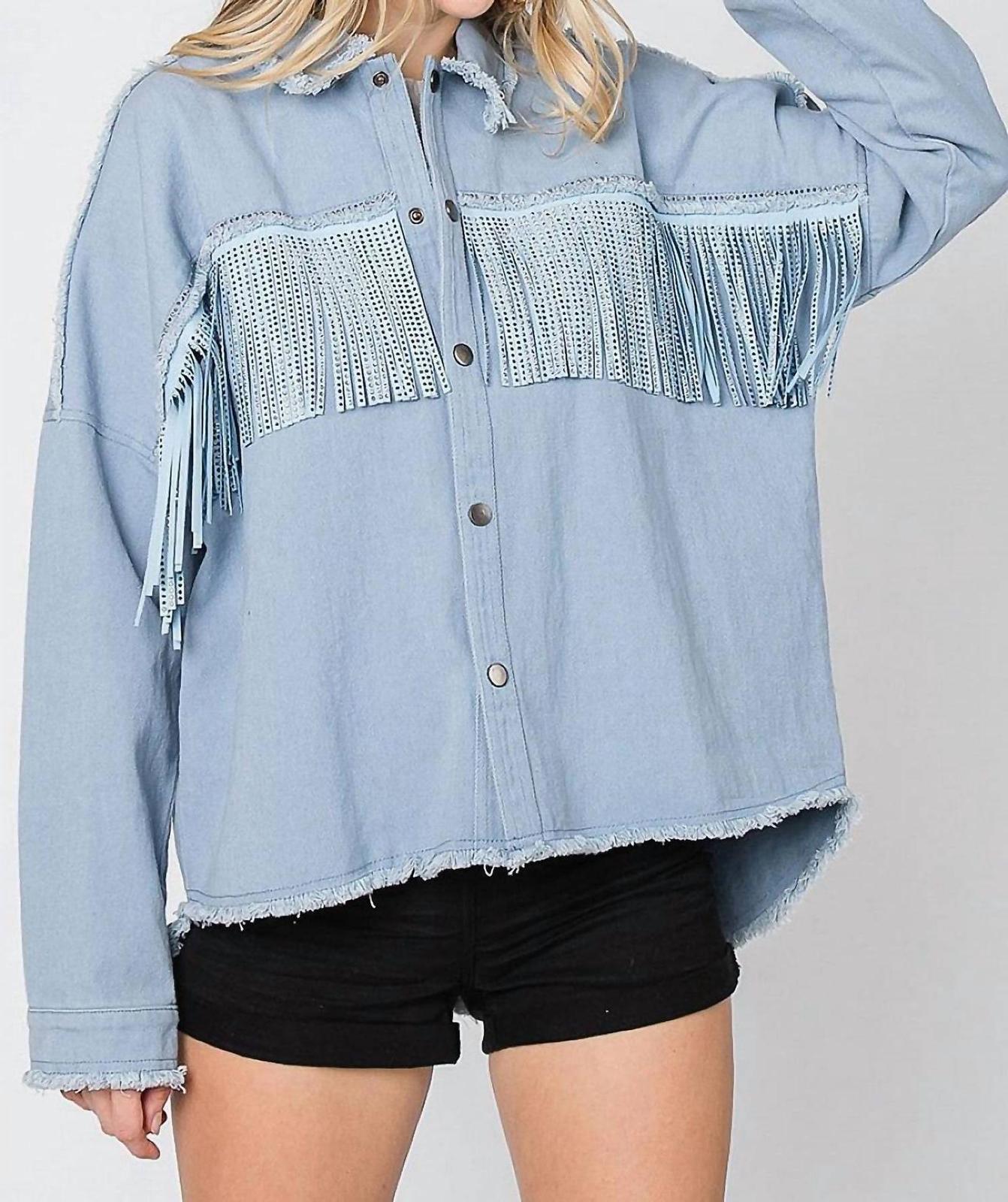 Geegee Rhinestone Fringe Detail Shirt Jacket Blue - $49.00