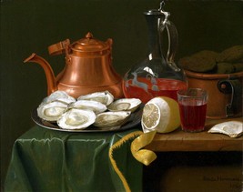 Framed Canvas Print Painting A Still Life With Oysters A Lemon A Carafe Of Wine - £31.84 GBP+