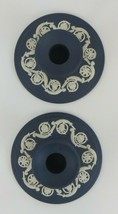 Pair Of Vintage Wedgwood Portland Blue Jasperware Candleholders Scroll Border - £77.97 GBP