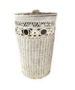 VTG Mid Century MCM Beige WICKER Bathroom TRASH CAN LID waste basket Ham... - $27.41 CAD