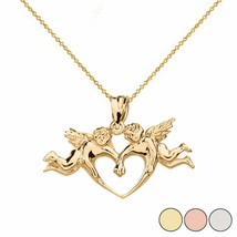 10k Solid Yellow Gold Cherub Loving Angels Love Heart Pendant Necklace - £160.37 GBP+