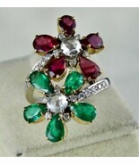 Certified Natural Emerald Rubellite Pear Diamond 18K Gold Flower Cocktai... - $45,141.29 MXN