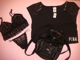 Victoria&#39;s Secret Pink Bra Set+Shirt+Faux Leather Backpack Black Studded Crystal - £134.52 GBP