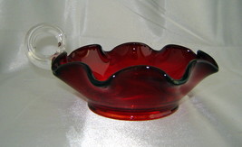 Elegant RED Ruffled Art Glass Candy Nut Dish w/ CLEAR Finger Loop, 5.5&quot; diameter - $19.50