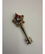 Vintage Ornate Key Brooch Red Enamel Rhinestones 2.5&quot; Victorian Revival - $352.55 MXN
