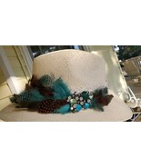 Straw Paper Hat Feathers Jewels Beads Blue Turquoise Brown Lace Headband... - €33,87 EUR