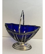 Vintage Silver Candy Mint Basket With Cobalt Glass Insert Unique Design - $54.09 CAD