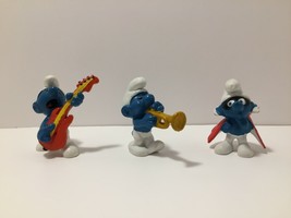 3 Smurfs Guitar Trumpet &amp; Masked Caped Smurf Vintage PEYO 60&#39;s - 70&#39;s - £14.51 GBP