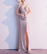 Gold Sequin Maxi Dress Gown Women Plus Size High Slit Sequin Maxi Dress image 2