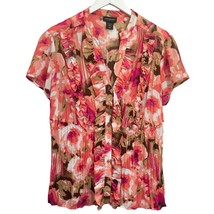Lane Bryant Floral Top Pink Brown 14/16W Floral Short Sleeve Ruffles Blouse  - £19.50 GBP