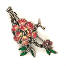 Vintage Sterling Silver Floral Branch Colored Enamel with Marcasite Stone Brooch - £43.52 GBP
