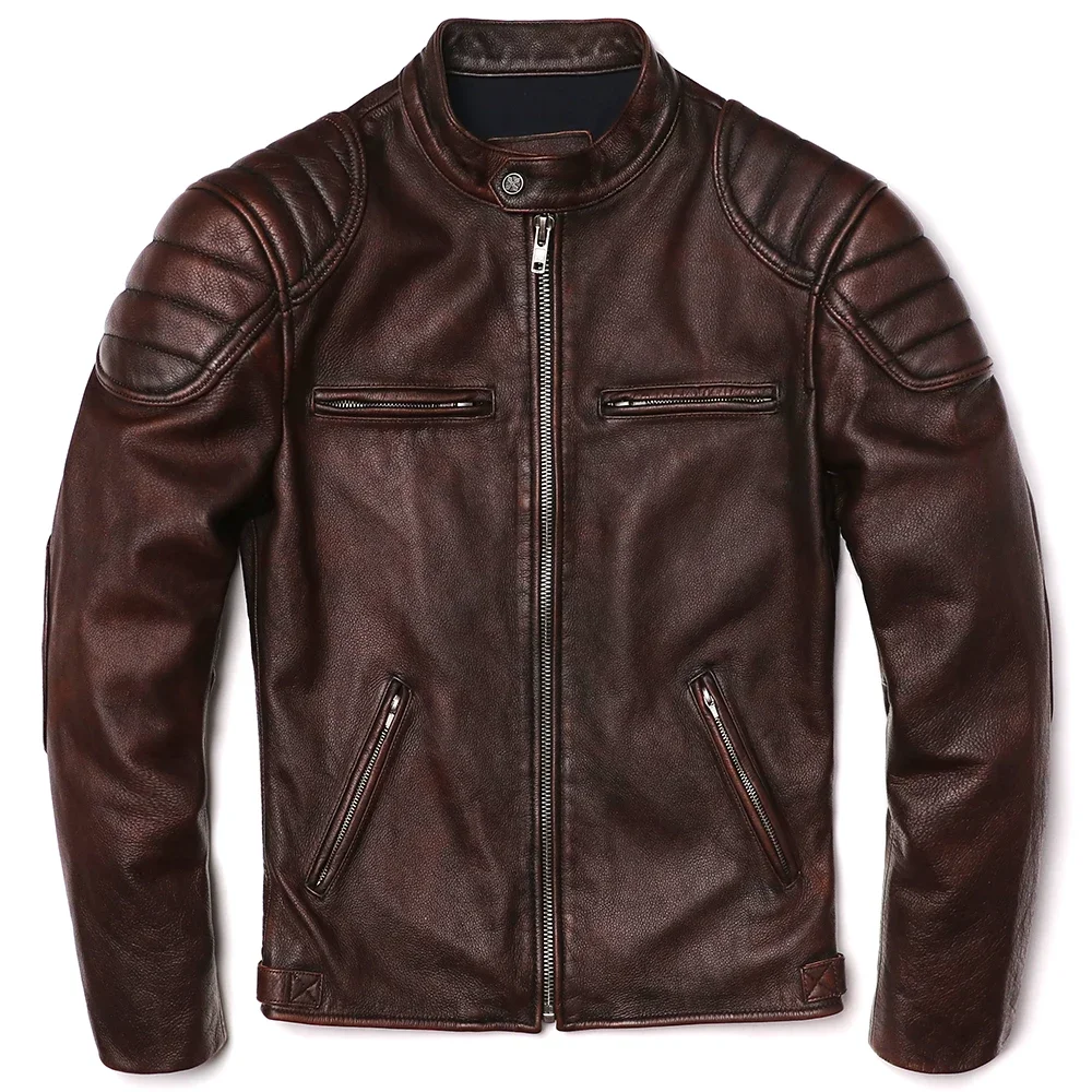 Vintage Brown Genuine Leather Jacket Real Natural Cowhide Jacket - $314.57 CAD
