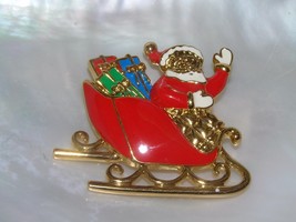 Estate Avon Signed Red Enamel Goldtone Santa Claus in Sleigh with Christmas Gift - £8.30 GBP