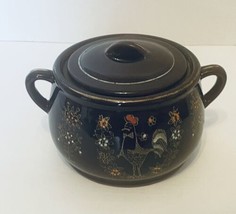 Mini Bean Pot Casserole Japanese Hand Painted Floral &amp; Rooster Redware Pottery - £15.03 GBP