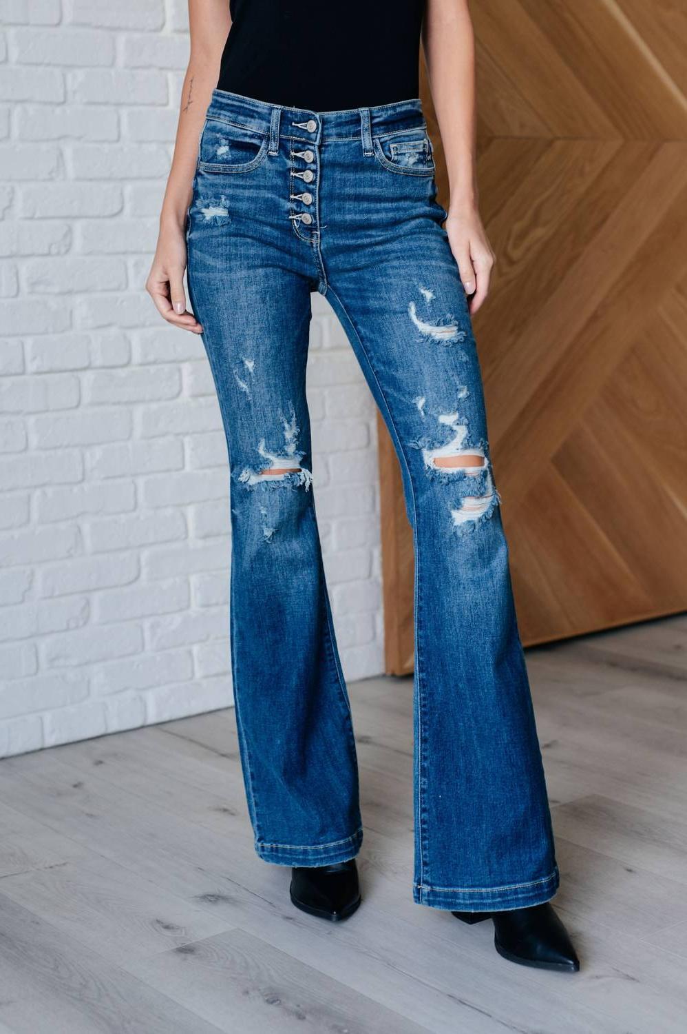 Judy Blue Mid Rise Distressed Button Fly Flare Blue - $64.00