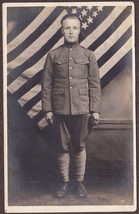 Walter Heiman WWI Soldier & Huge U.S. Flag RPPC 13th Infantry, Camp Devens - $19.75