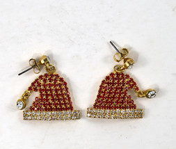 Ear Rings Sparkly White Red Rhinestone Gold Colored Jewelry Santa Hat - £19.97 GBP