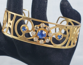 Vintage 1940&#39;s Open Work Blue Crystal Gold Cuff Bracelet Crystal Rhinest... - $77.76 CAD