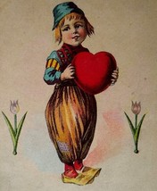 Valentine Postcard Dutch Child Wooden Shoes Holds Heart Tulips Flowers 6704 - £14.20 GBP