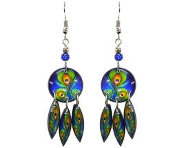 Peacock Feather Pattern Graphic Round Long Dangle Earrings - Womens Fash... - £11.84 GBP