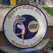 Vintage 1938 Gulf Gulfpride Oil Marine Motor Porcelain Gas & Oil Pump Sign - $125.00
