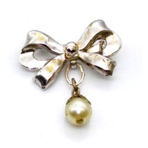 Vintage Coro Bow Brooch with Dangling Faux Pearl, Graceful Lapel Pin - £22.37 GBP