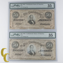 Lot of 2 Sequential 1864 Confederate $50 Graded by PMG as Ch VF-35! Amaz... - $467.78