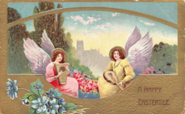 A Happy Easter TIDE-ANGELS Play MUSIC~1909 Gilt Embossed Postcard - £7.16 GBP